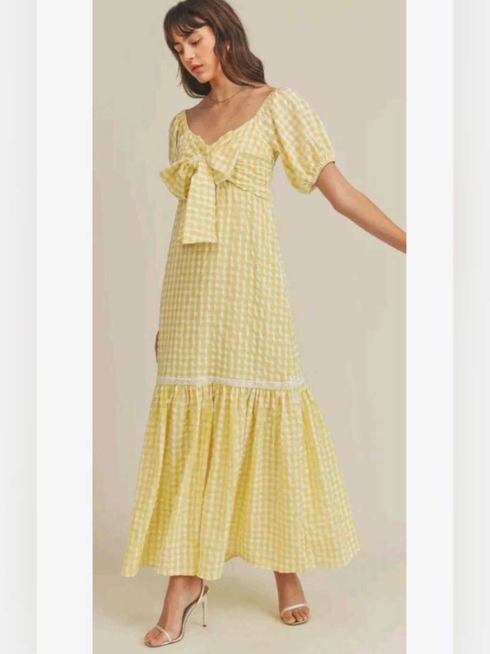 Yellow Gingham Tie-Front Maxi Dress with Puff Sleeves by Mable